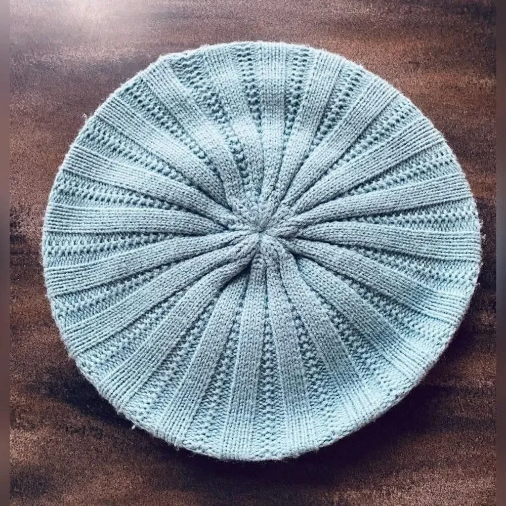 Knit Beret Hat Womens One Size Blue Ribbed Stretch Slouchy Soft Winter Warm